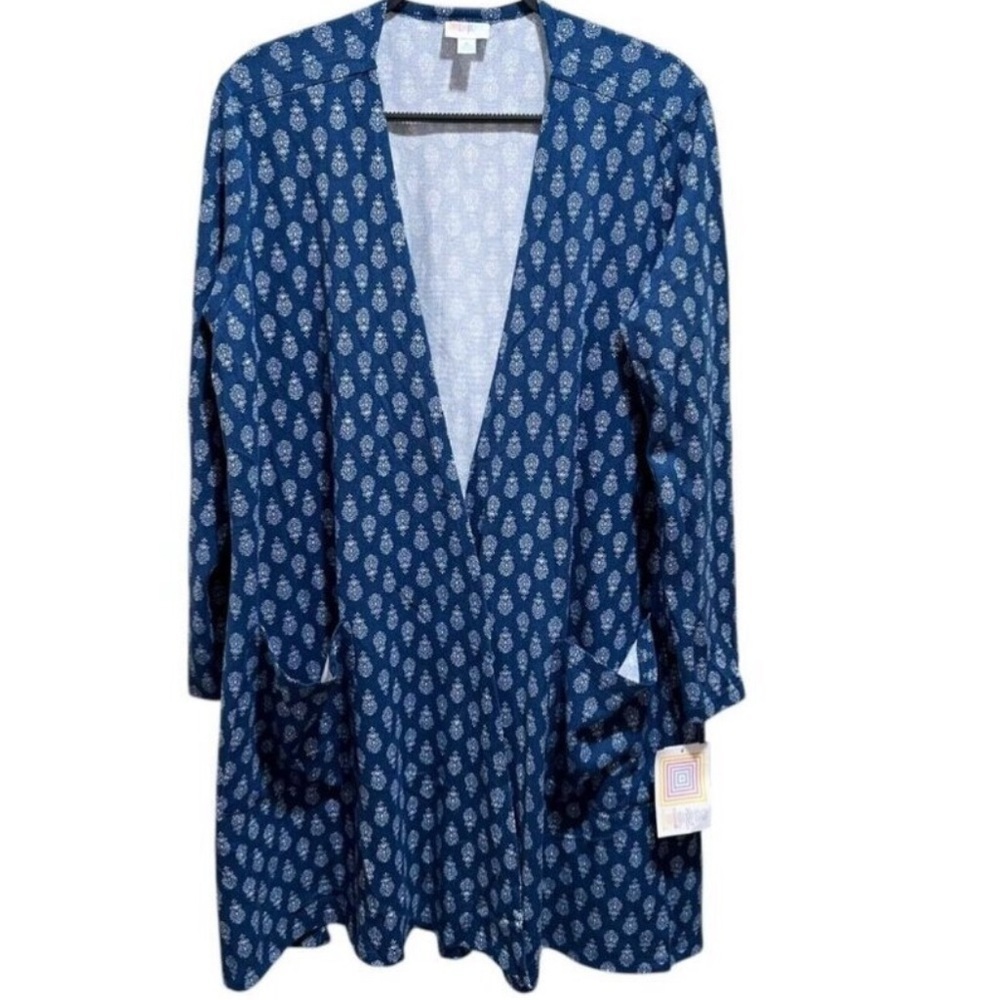 LuLaRoe Blue and White Patterned Open Front Cardigan Size XL